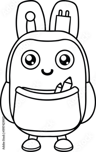 Cute cartoon backpack character with bunny ears for kids coloring page