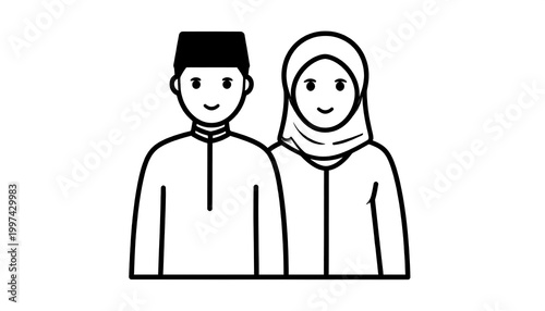 Simple black and white illustration of a Muslim couple