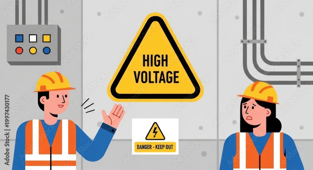Fototapeta premium Electrical safety workers near high voltage warning sign