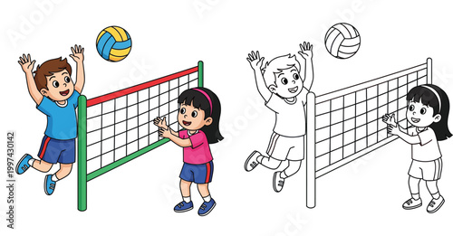Kids Playing Volleyball Cartoon Illustration and Coloring Book Page Vector with Boy and Girl Jumping over Net