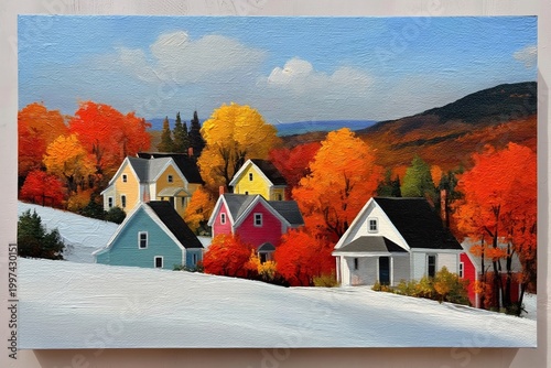 Colorful Hillside With Houses and Mountains in Autumn Under a Bright Sky