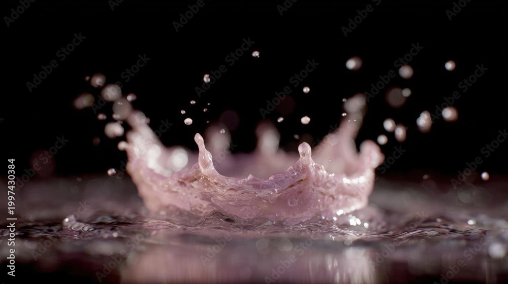 Fototapeta premium Close-up of a splash of water. the splash is in the shape of a crown, with a pinkish-purple color and a smooth texture.