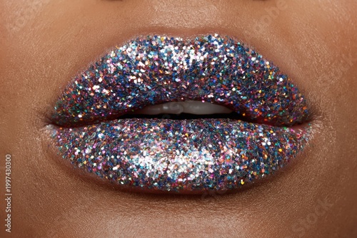 Bright Lips With Glitter in Close-Up Shot Taken Indoors