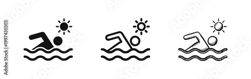 Swimming icon set, person swimming in water under the sun, summer sport and recreation symbol
