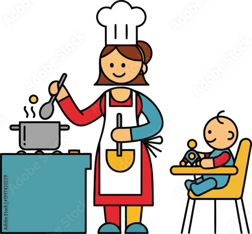 Female professional chef cooking in kitchen with baby in high chair work life balance for culinary career