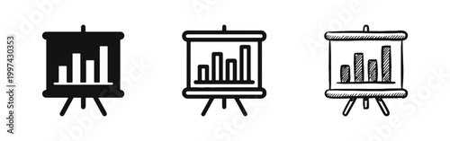 Business presentation icon set, bar chart on projection screen tripod, statistics and data reporting symbol
