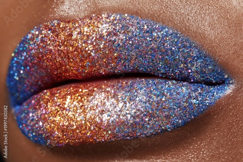 Close up of Lips Covered in Glitter With a Shiny Finish and Open Mouth
