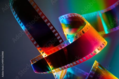 Film Strip Twists Under Colorful Light in an Indoor Setting at a Creative Studio