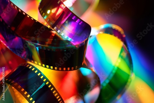 Colorful Film Strip With Light Reflections Twists in Dark Space