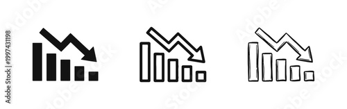 Loss and decline bar chart icon set, downward arrow and business crisis symbol