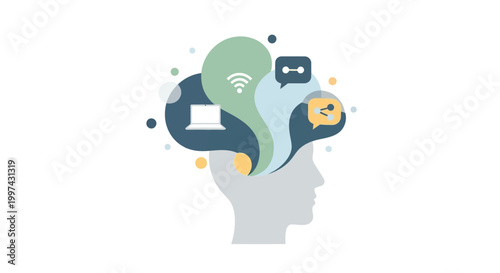Digital Brain: Human Head with Technology, Communication, & Connectivity Icons - Modern Flat Design for Ideas & Information Processing