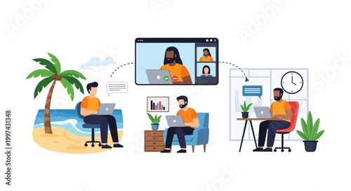 Remote Work Flexibility & Global Collaboration. People working from diverse locations like beach, home, and office, connecting via video conference.