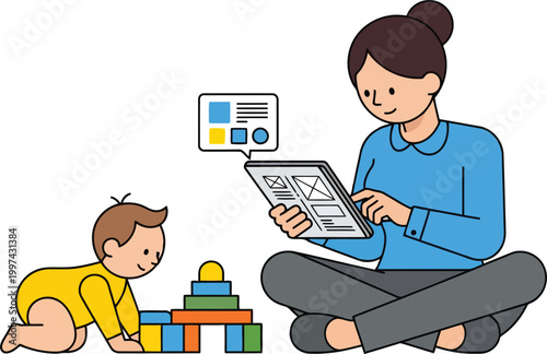 Female UI UX designer working on tablet wireframe while baby plays with blocks at home work life balance