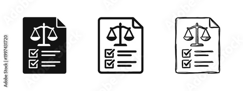 Legal document and justice scale icon set, compliance checklist and law agreement symbol