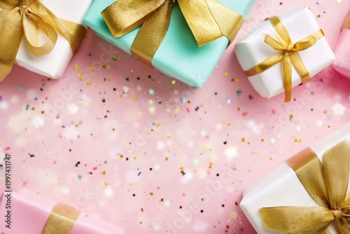 Colorful Wrapped Gifts on a Pink Background With Golden Bows and Confetti Sca...