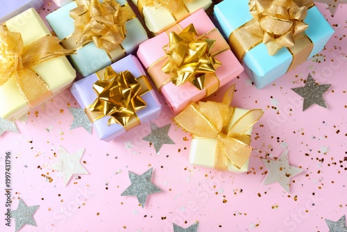 Colorful Wrapped Gifts on a Pink Background With Golden Bows and Confetti Sca...