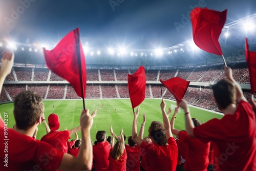 Crowd Cheers With Red Flags in Stadium During Sports Event at Night