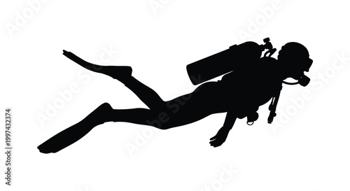 Foto Silhouette of a scuba diver swimming underwater with equipment