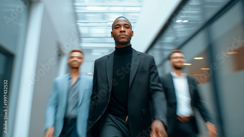 Confident african businessman leading team walking through office corridor during corporate meeting and leadership presentation