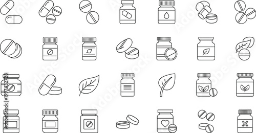 Herbal Medicine and Supplement Line Icon Vector Set with Pills Capsules Bottles and Natural Health Symbols for Pharmacy Design