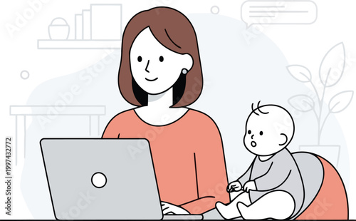 Young mother working on laptop at home office desk with baby and chat bubble online customer support or remote work