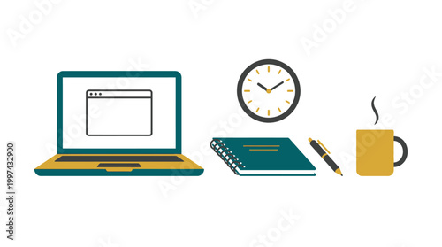 Flat vector illustration of a productive modern workspace with laptop and coffee.