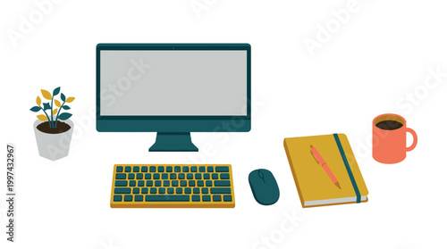 Minimalist Home Office Workspace with Computer and Accessories Illustration.