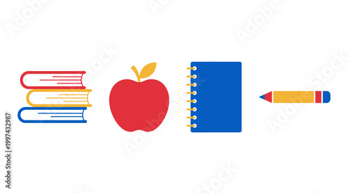 Set of colorful school supplies including books apple notebook and pencil.