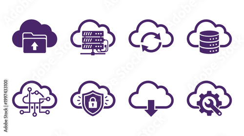 Icons representing cloud computing concepts including data upload, server management, and security