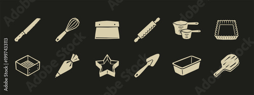 Vector set of professional baking and pastry tools icon illustrations on dark background