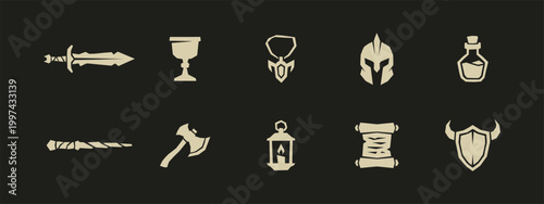 Obraz na plátně Flat Fantasy RPG Game Item Icons with Sword Shield Helmet Axe Potion and Scroll