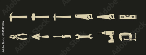 Set of construction hand tool icons in flat vector style on dark background
