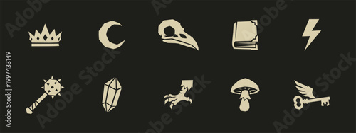 Fantasy Game Icon Set with Crown Moon Skull Book Lightning Mace Crystal Mushroom Winged Key