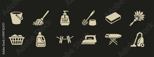 Cleaning supplies and laundry equipment icons set including mop vacuum soap and iron
