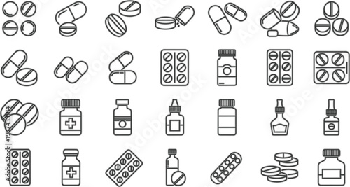 Medicine and Pharmacy Line Icon Vector Set with Pills Capsules Bottles Tablets and Healthcare Drug Symbols for Medical Design