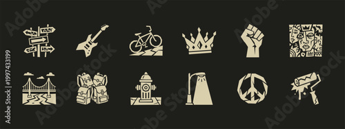 Set of twelve urban street culture icons in a graffiti stencil vector style