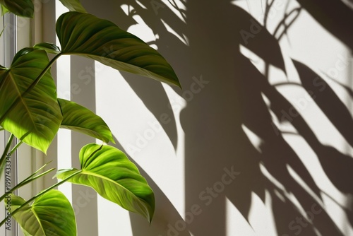 Sunlight Shining Through a Window Creates Shadows of Green Leaves on a Wall