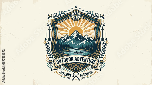 Vintage outdoor adventure badge featuring mountains, a river, and a compass, emphasizing exploration
