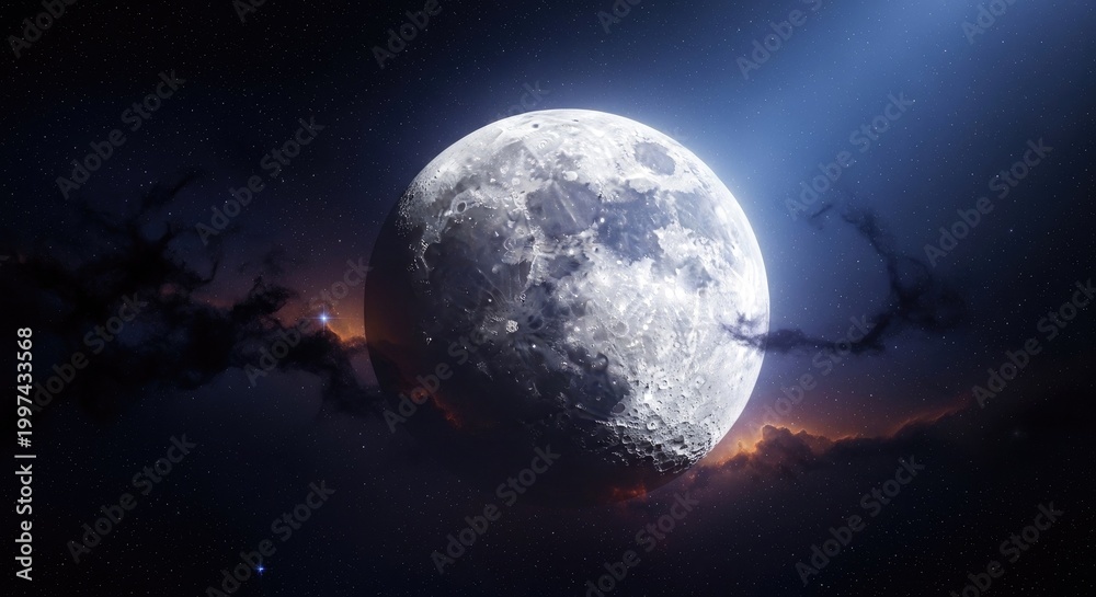 Fototapeta premium Full moon rising in the night sky, with dark clouds and stars in the background. 