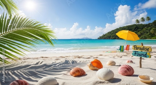 A vibrant tropical beach scene with a yellow umbrella, colorful shells, and palm fronds in the foreground, and the ocean and lush greenery in the background.