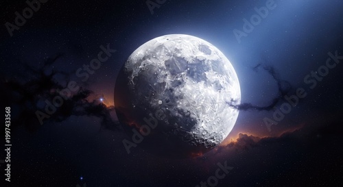 Full moon rising in the night sky, with dark clouds and stars in the background. 