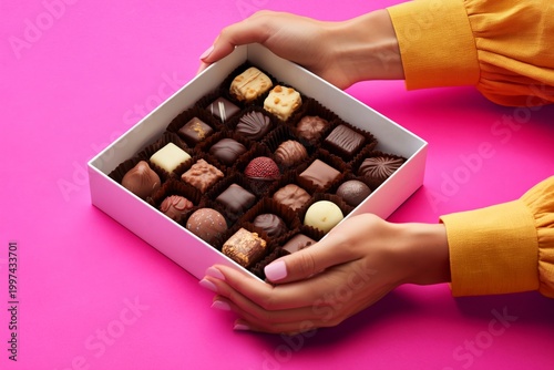 Hands Holding a Box of Assorted Chocolates on a Pink Background During a Fest...