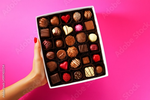 Hand Holds a Box of Assorted Chocolates on a Pink Background During a Celebra...