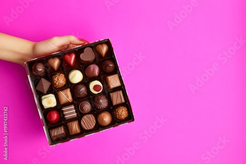 Hand Holds a Box of Assorted Chocolates on a Pink Background During a Celebra...