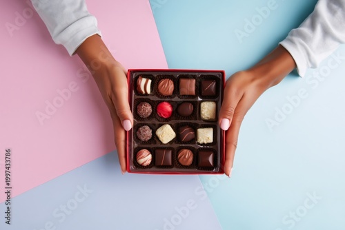 Hands Holding a Box of Assorted Chocolates on a Pink and Blue Background