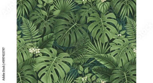 A vibrant tropical leaf pattern with green and dark green hues, featuring various types of leaves and flowers, set against a dark background.