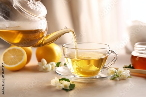 Warm Drink Being Prepared With Tea, Lemon, and Honey on Wooden Table With Flo...