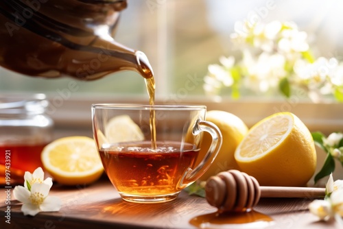 Warm Tea is Poured Into a Glass Cup With Lemon and Honey on a Wooden Table by...