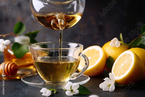 Warm Tea is Poured Into a Glass Cup With Lemon and Honey on a Wooden Table by...