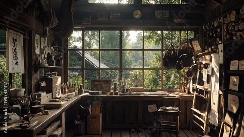 Interior view of a rustic, sunlit wooden workshop filled with artistic supplies opens to lush greenery outside